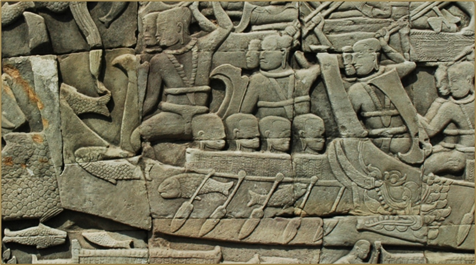 Relieve de piedra de una batalla naval en el Tamplo Bayon, Angkor, Camboya. Fuente: Verónica Walker Vadillo